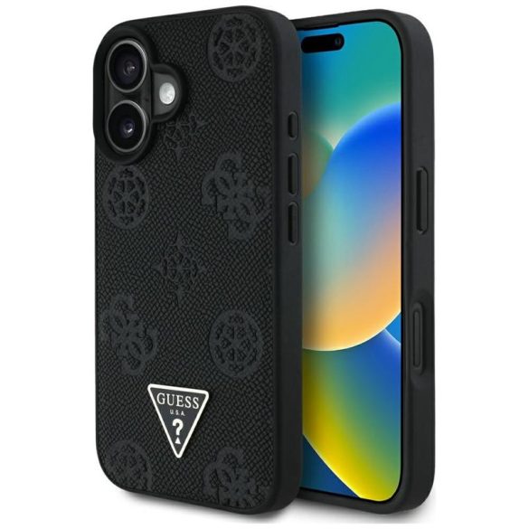 Guess GUHMP16SPGBTMK Grained Hot Stamp Peony Triangle Logo MagSafe-kompatibilis tok iPhone 16 - fekete
