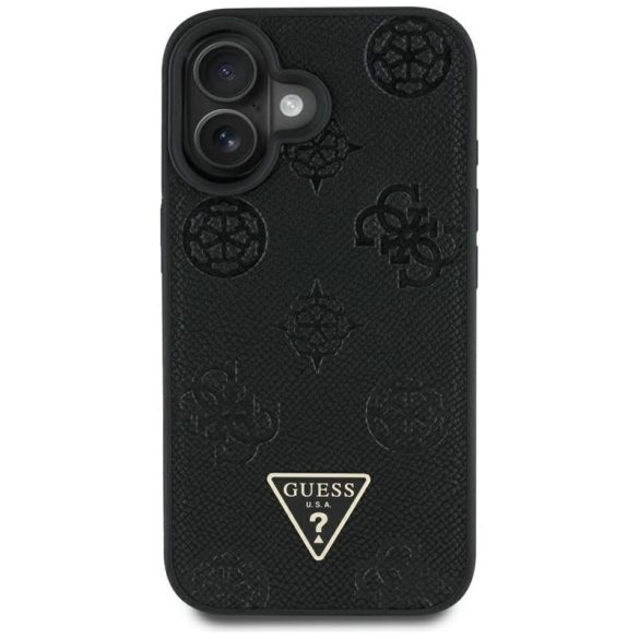 Guess GUHMP16SPGBTMK Grained Hot Stamp Peony Triangle Logo MagSafe-kompatibilis tok iPhone 16 - fekete