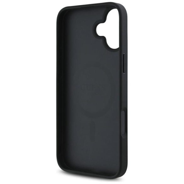 Guess GUHMP16SPGBTMK Grained Hot Stamp Peony Triangle Logo MagSafe-kompatibilis tok iPhone 16 - fekete