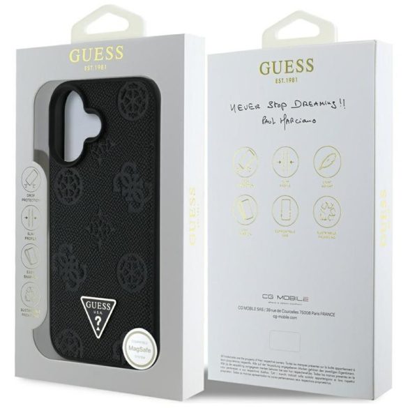 Guess GUHMP16SPGBTMK Grained Hot Stamp Peony Triangle Logo MagSafe-kompatibilis tok iPhone 16 - fekete