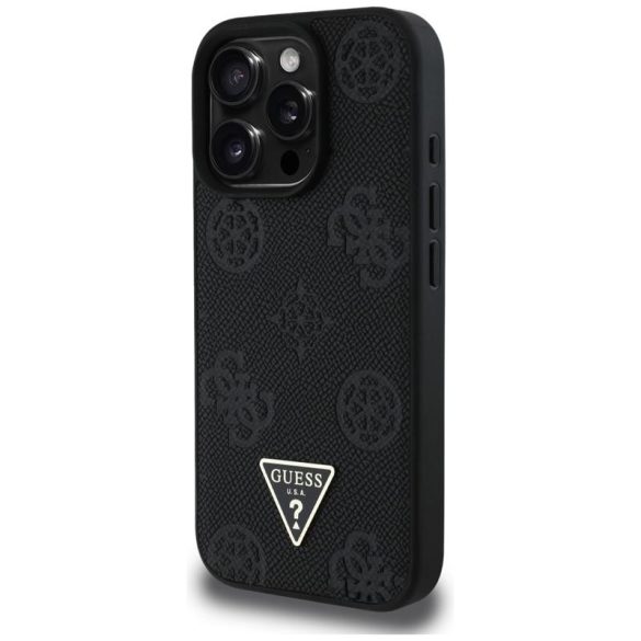 Guess GUHMP16LPGBTMK Grained Hot Stamp Peony Triangle Logo MagSafe-kompatibilis tok iPhone 16 Pro - fekete