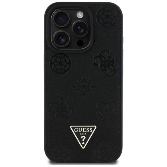 Guess GUHMP16LPGBTMK Grained Hot Stamp Peony Triangle Logo MagSafe-kompatibilis tok iPhone 16 Pro - fekete