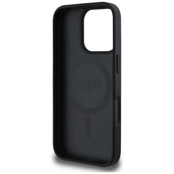 Guess GUHMP16LPGBTMK Grained Hot Stamp Peony Triangle Logo MagSafe-kompatibilis tok iPhone 16 Pro - fekete