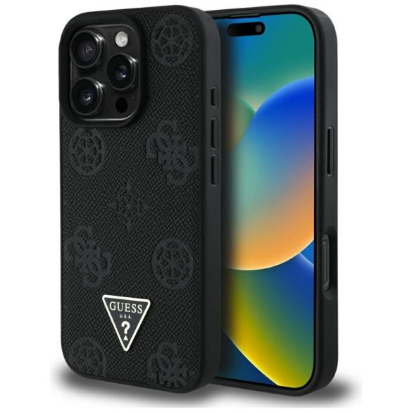 Guess GUHMP16XPGBTMK Grained Hot Stamp Peony Triangle Logo MagSafe-kompatibilis tok iPhone 16 Pro Max - fekete
