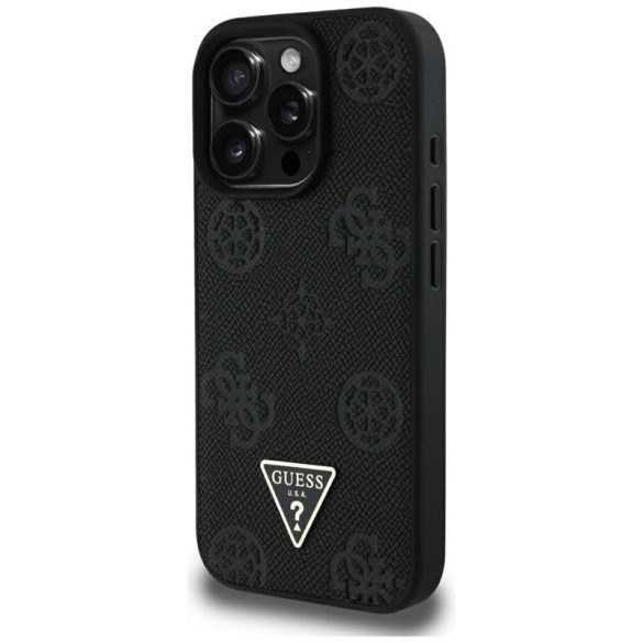 Guess GUHMP16XPGBTMK Grained Hot Stamp Peony Triangle Logo MagSafe-kompatibilis tok iPhone 16 Pro Max - fekete