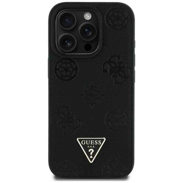 Guess GUHMP16XPGBTMK Grained Hot Stamp Peony Triangle Logo MagSafe-kompatibilis tok iPhone 16 Pro Max - fekete