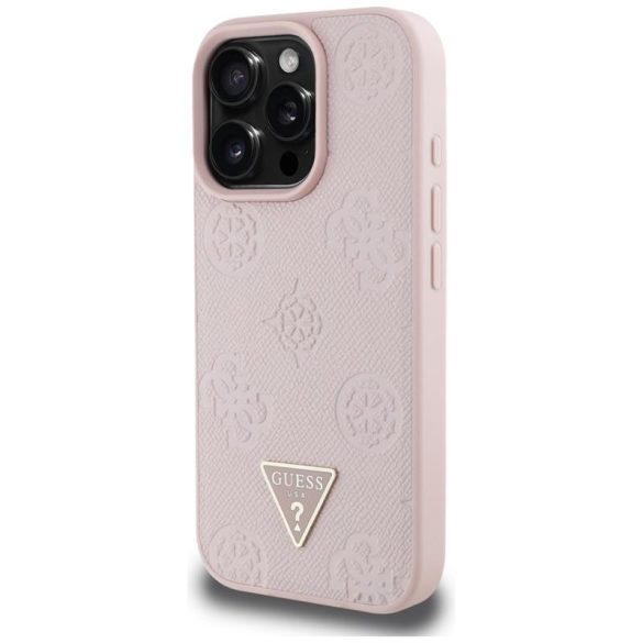 Guess GUHMP16LPGBTMP Grained Hot Stamp Peony Triangle Logo MagSafe-kompatibilis tok iPhone 16 Pro - rózsaszín