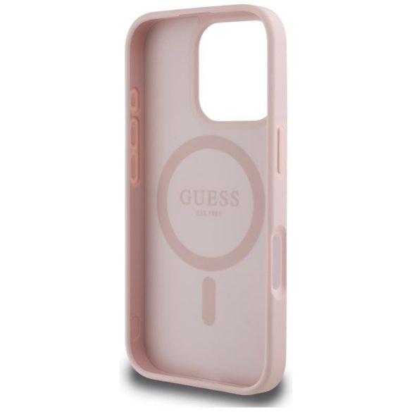 Guess GUHMP16LPGBTMP Grained Hot Stamp Peony Triangle Logo MagSafe-kompatibilis tok iPhone 16 Pro - rózsaszín
