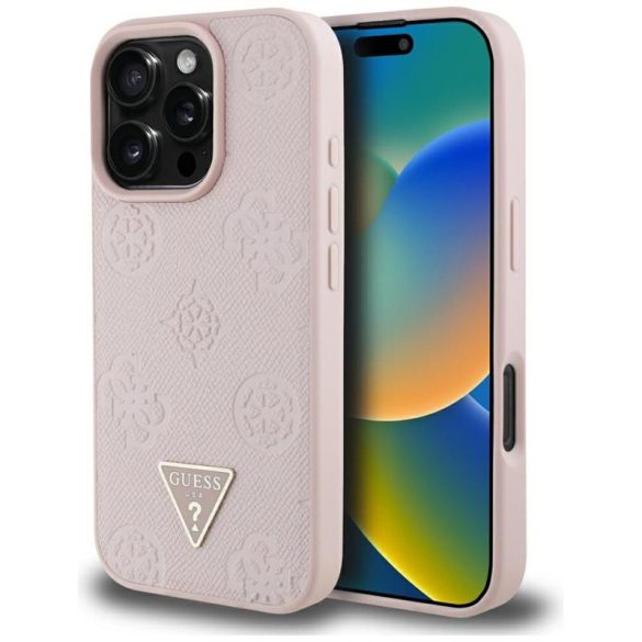 Guess GUHMP16XPGBTMP Grained Hot Stamp Peony Triangle Logo MagSafe-kompatibilis tok iPhone 16 Pro Max - rózsaszín
