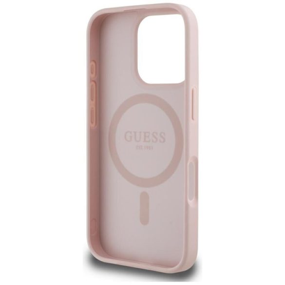 Guess GUHMP16XPGBTMP Grained Hot Stamp Peony Triangle Logo MagSafe-kompatibilis tok iPhone 16 Pro Max - rózsaszín