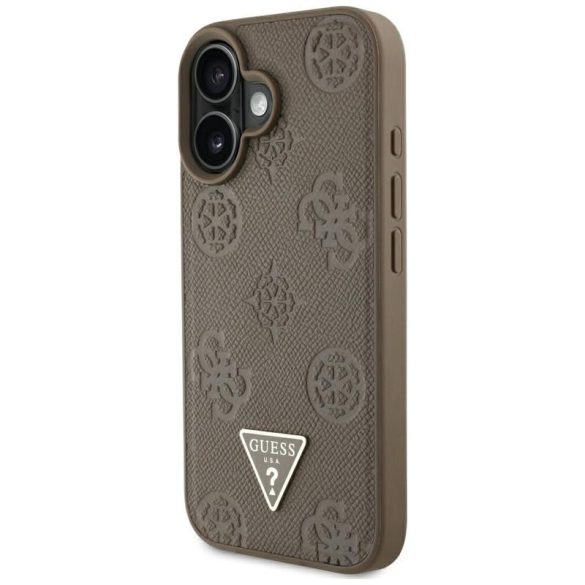 Guess GUHMP16SPGBTMW Grained Hot Stamp Peony Triangle Logo MagSafe-kompatibilis tok iPhone 16 - barna