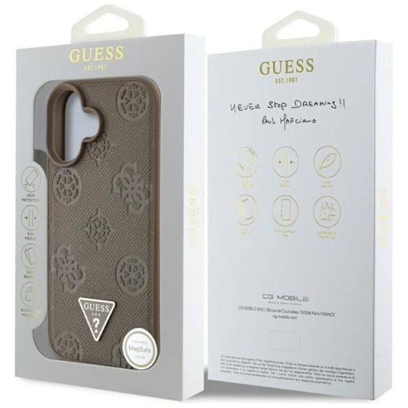Guess GUHMP16SPGBTMW Grained Hot Stamp Peony Triangle Logo MagSafe-kompatibilis tok iPhone 16 - barna