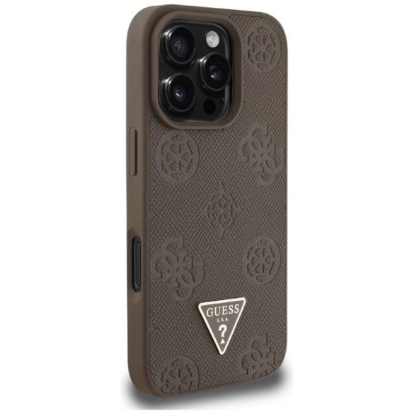 Guess GUHMP16LPGBTMW Grained Hot Stamp Peony Triangle Logo MagSafe-kompatibilis tok iPhone 16 Pro - barna