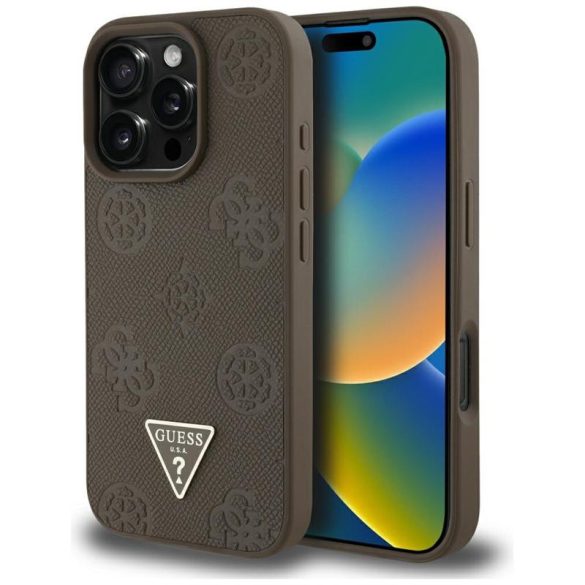 Guess GUHMP16XPGBTMW Grained Hot Stamp Peony Triangle Logo MagSafe-kompatibilis tok iPhone 16 Pro Max - barna