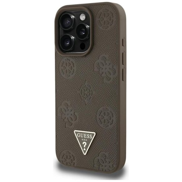 Guess GUHMP16XPGBTMW Grained Hot Stamp Peony Triangle Logo MagSafe-kompatibilis tok iPhone 16 Pro Max - barna