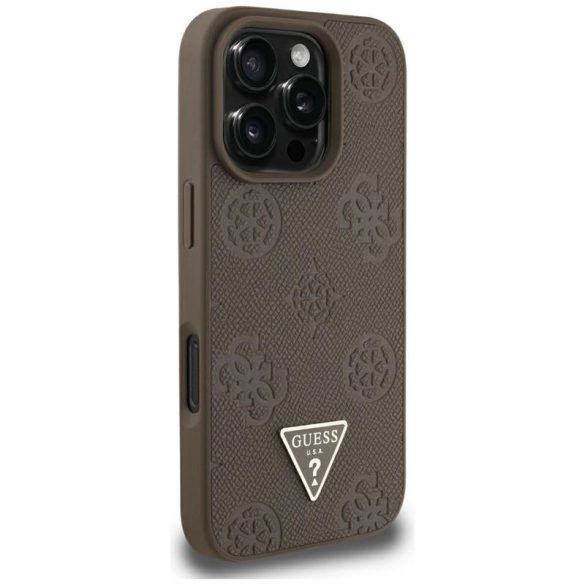 Guess GUHMP16XPGBTMW Grained Hot Stamp Peony Triangle Logo MagSafe-kompatibilis tok iPhone 16 Pro Max - barna