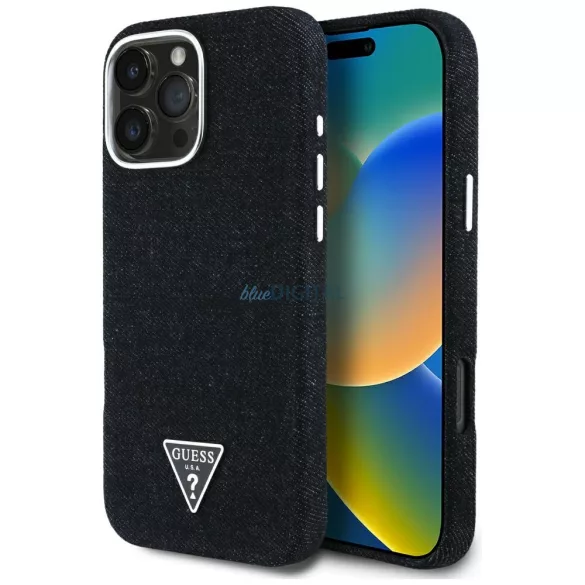 Tok Guess Denim Triangle Logo MagSafe tok iPhone 16 Pro, fekete