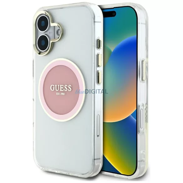 Guess GUHMP16SHTDRCEDP IML Metal Colored Circle Classic Logo MagSafe-kompatibilis tok iPhone 16 - rózsaszín