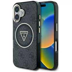   Tok Guess IML fémes csillogású 4G kör és háromszög alakú MagSafe tok iPhone 16, fekete