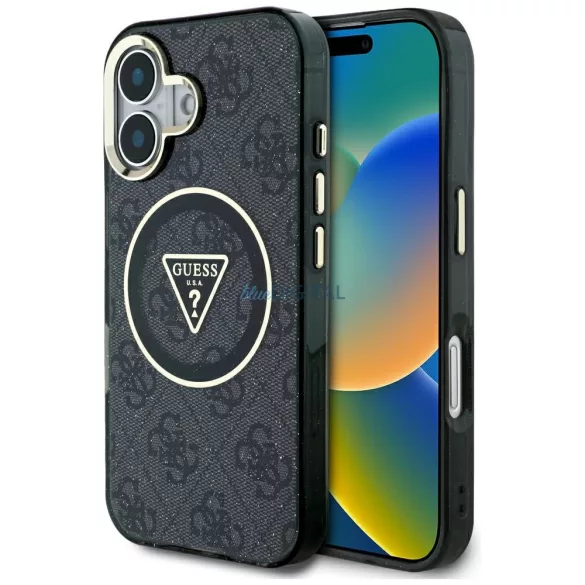 Tok Guess IML fémes csillogású 4G kör és háromszög alakú MagSafe tok iPhone 16, fekete