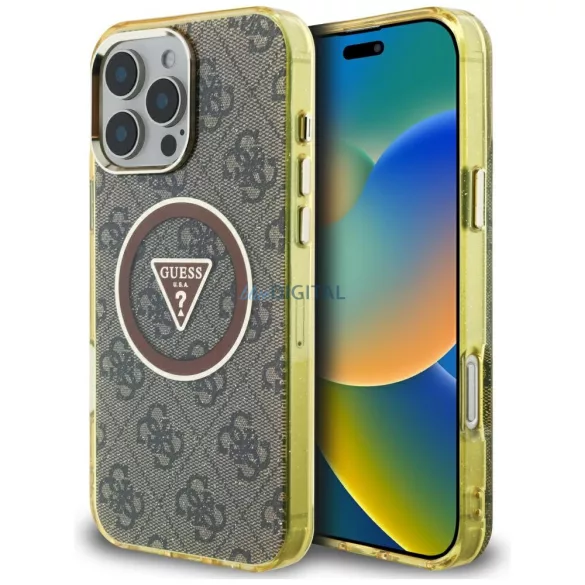 Tok Guess IML fémes csillogású 4G kör és háromszög alakú MagSafe tok iPhone 16 Pro Max, barna