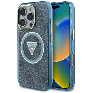 Tok Guess IML fémes csillogású 4G kör és háromszög alakú MagSafe tok iPhone 16 Pro Max, kék