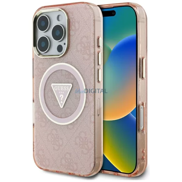 Tok Guess IML fémes csillogású 4G kör és háromszög alakú MagSafe tok iPhone 16 Pro, rózsaszín