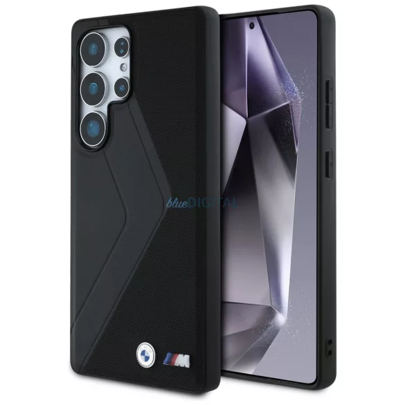 BMW bőr tok, széles csíkos mintával, MagSafe-kompatibilis, Samsung Galaxy S25 Ultra, fekete