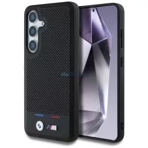 BMW bőr tok, háromszínű csíkkal, MagSafe-kompatibilis, Samsung Galaxy S25, fekete
