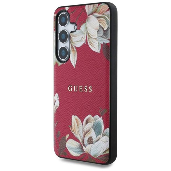 Guess Grained Printed Flower Pattern MagSafe-kompatibilis tok Samsung Galaxy S25 - élénk rózsaszín
