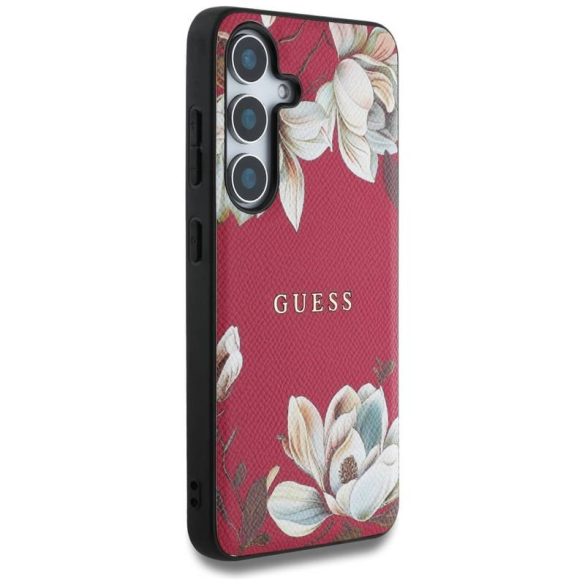 Guess Grained Printed Flower Pattern MagSafe-kompatibilis tok Samsung Galaxy S25 - élénk rózsaszín