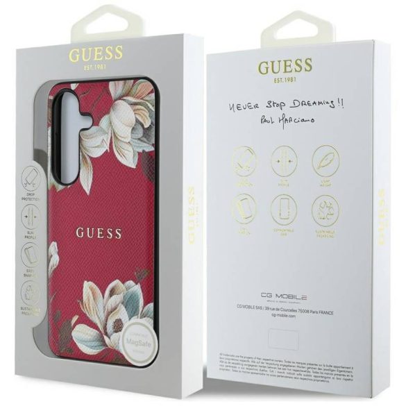 Guess Grained Printed Flower Pattern MagSafe-kompatibilis tok Samsung Galaxy S25 - élénk rózsaszín