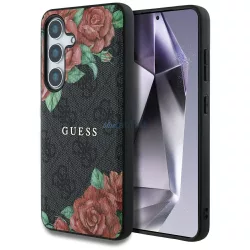   Guess Leather 4G virágmintás, fém klasszikus logós MagSafe tok Samsung Galaxy S25, fekete