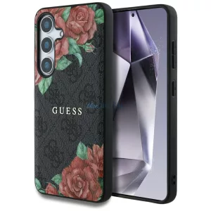 Guess Leather 4G virágmintás, fém klasszikus logós MagSafe tok Samsung Galaxy S25, fekete