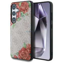   Guess bőr 4G virágmintás, fém klasszikus logós MagSafe tok Samsung Galaxy S25, rózsaszín