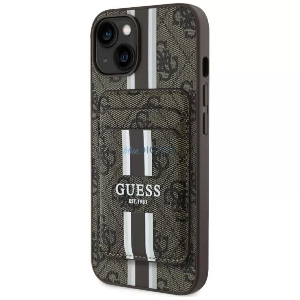 Tok Guess 4G Stripes pénztárcás Magsafe tok iPhone 15, barna