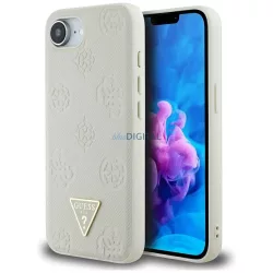   Tok Guess szemcsés felületű, forrópréselt pünkösdi rózsa motívummal ellátott háromszög alakú logóval ellátott MagSafe tok iPhone 16e, bézs színben