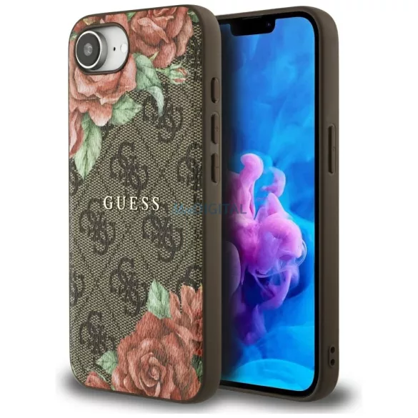 Tok Guess 4G virágmintás MagSafe tok iPhone 16e, barna