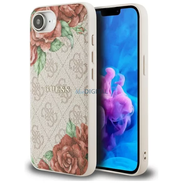 Tok Guess 4G virágmintás MagSafe tok iPhone 16e, rózsaszín