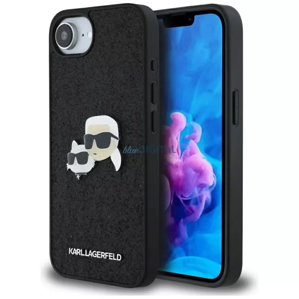 Karl Lagerfeld „Fixed csillámos” Karl&Choupette-fejű fém kitűző iPhone 16e, fekete