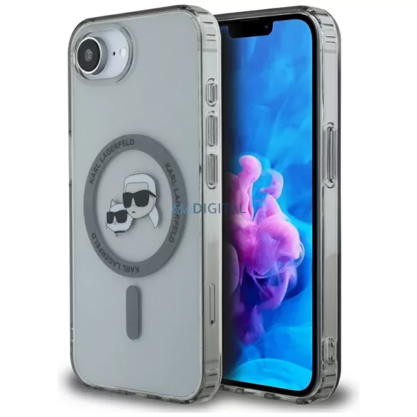 Karl Lagerfeld IML fém tok, Karl és Choupette fejével, MagSafe-kompatibilis, iPhone 16e, fekete