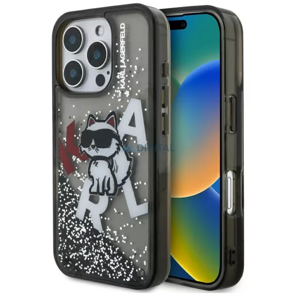 Karl Lagerfeld folyékony csillámos Choupette logós MagSafe tok iPhone 16 Pro Max, fekete