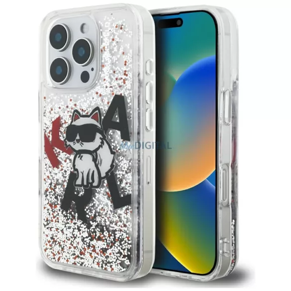 Karl Lagerfeld „folyékony csillámos Choupette Logo” tok iPhone 16 Pro, átlátszó
