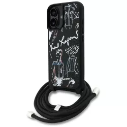  Karl Lagerfeld keresztvállú tok, szemcsés mintázat és logóval, MagSafe-kompatibilis iPhone 16, fekete