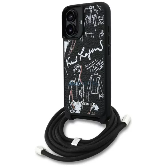 Karl Lagerfeld keresztvállú tok, szemcsés mintázat és logóval, MagSafe-kompatibilis iPhone 16, fekete