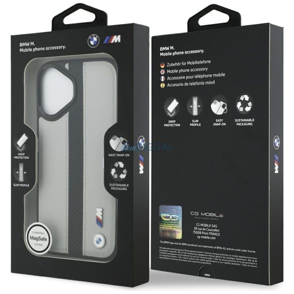 BMW M perforált csíkos logóval ellátott tok MagSafe iPhone 17 szürke