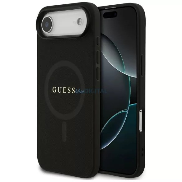 Guess Saffiano klasszikus logós MagSafe tok iPhone Airhez Fekete