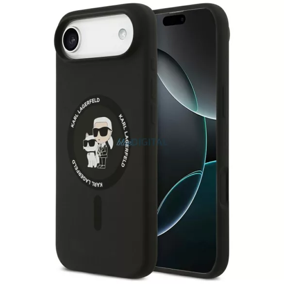 Karl Lagerfeld szilikon Karl&Choupette gyűrű MagSafe tok iPhone Airhez Fekete