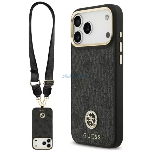 Guess 4G Strass Logo & Big Strap Metal Buttons MagSafe tok iPhone 17 Pro Max - fekete