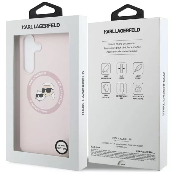 Karl Lagerfeld szilikon Karl&Choupette fejek MagSafe tok Samsung Galaxy S25 FE rózsaszínhez